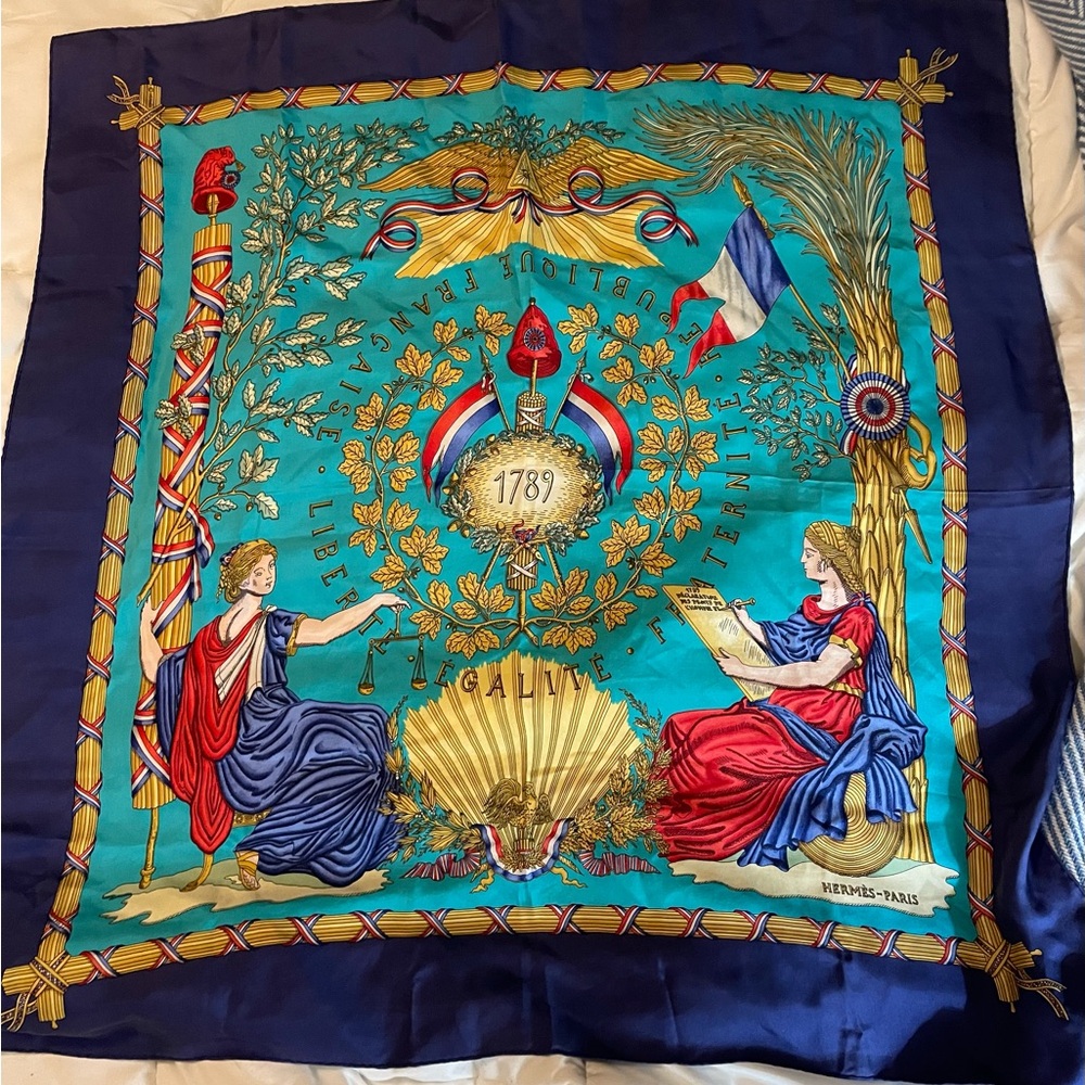 Hermes French Revolution Liberte Silk Scarf in Turquoise, Navy, Red, Gold